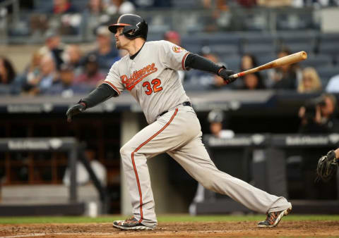 Oct 2, 2016; Bronx, NY, USA; Baltimore Orioles catcher Matt Wieters (32) bats in the ninth inning against the New York Yankees at Yankee Stadium. Mandatory Credit: Danny Wild-USA TODAY Sports