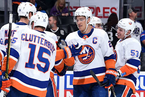 LOS ANGELES, CA – OCTOBER 18: Anders Lee #27 and Casey Cizikas #53 of the New York Islanders celebrate after defeating the Los Angeles Kings 7-2 in the game at STAPLES Center on October 18, 2018 in Los Angeles, California. (Photo by Adam Pantozzi/NHLI via Getty Images)