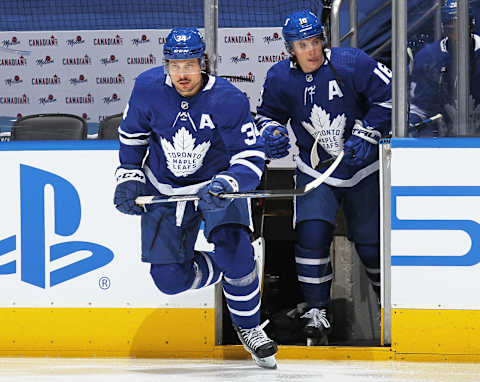 TORONTO, ON – MAY 31: Auston Matthews #34 and Mitchell Marner #16 of the Toronto Maple Leafs take to the ice to  (Photo by Claus Andersen/Getty Images)