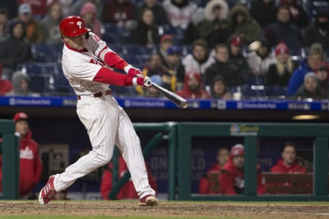 Launching his first grand slam, Kingery draws comparisons to Chase “the Man” Utley for his early career milestone. Photo by Mitchell Leff/Getty Images.