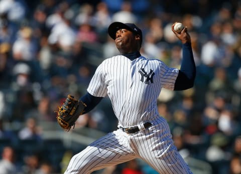 NEW YORK, NY – APRIL 22: Aroldis Chapman #54 of the New York Yankees in action against the Toronto Blue Jays at Yankee Stadium on April 22, 2018 in the Bronx borough of New York City. The Yankees defeated the Blue Jays 5-1. (Photo by Jim McIsaac/Getty Images)