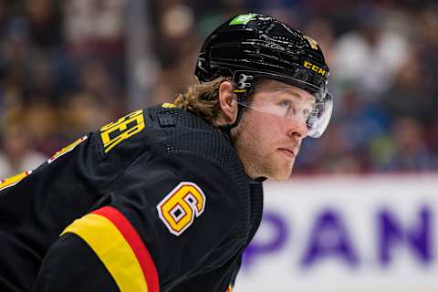 Apr 26, 2022; Vancouver, British Columbia, CAN; Vancouver Canucks forward Brock Boeser (6) during a stop in play against the Seattle Kraken in the second period at Rogers Arena. Mandatory Credit: Bob Frid-USA TODAY Sports