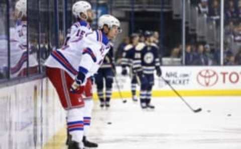 Apr 4, 2016; Columbus, OH, USA; New York Rangers center Eric Staal (12) against the Columbus Blue Jackets at Nationwide Arena. The Rangers won 4-2. Mandatory Credit: Aaron Doster-USA TODAY Sports