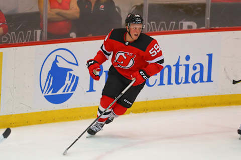 New Jersey Devils forward Fabian Zetterlund (59) (Photo by Rich Graessle/Icon Sportswire via Getty Images)