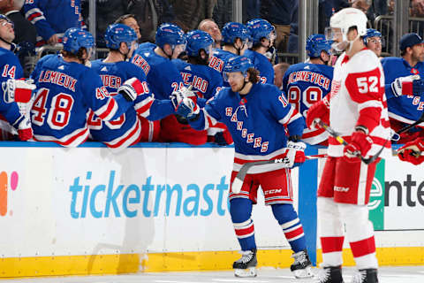 NEW YORK, NY – JANUARY 31: Artemi Panarin #10 of the New York Rangers celebrates with teammates after scoring a goal in the second period against the Detroit Red Wings at Madison Square Garden on January 31, 2020 in New York City. (Photo by Jared Silber/NHLI via Getty Images)