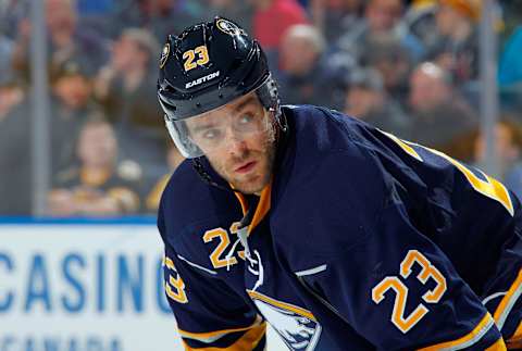 BUFFALO, NY – DECEMBER 19: Ville Leino #23 of the Buffalo Sabres prepares for a face-off against the Boston Bruins at First Niagara Center on December 19, 2013 in Buffalo, New York. (Photo by Jen Fuller/Getty Images)