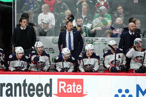 Mar 26, 2022; Saint Paul, Minnesota, USA; (Editors Notes: Caption Correction) Columbus Blue Jackets head coach Brad Larsen looks on in the third period against the Minnesota Wild at Xcel Energy Center. Mandatory Credit: David Berding-USA TODAY Sports