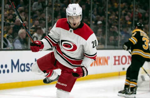 The Carolina Hurricanes’ Sebastian Aho (20) celebrates after scoring against the Boston Bruins during the first period in Game 1 of the Eastern Conference finals on Thursday, May 9, 2019, at TD Garden in Boston, Mass. The Bruins won, 5-2. (Robert Willett/Raleigh News & Observer/TNS via Getty Images)