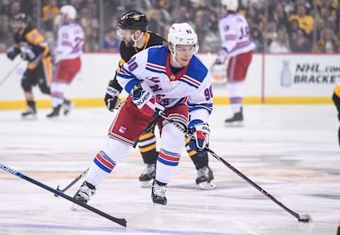 PITTSBURGH, PA – APRIL 06: New York Rangers Winger Vladislav Namestnikov (90) skates with the puck during the first period in the NHL game between the Pittsburgh Penguins and the New York Rangers on April 6, 2019, at PPG Paints Arena in Pittsburgh, PA. (Photo by Jeanine Leech/Icon Sportswire via Getty Images)