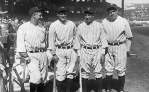 Lou Gehrig, Earle Combs, Tony Lazzeri and Babe Ruth of the Yankees. (Photo by George Rinhart/Corbis via Getty Images)