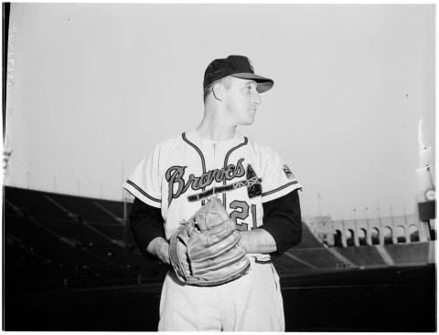 Warren Spahn baseball feature, 17 May 1961. Warren Spahn;Charley Lau;Charles Dressen. (Sleeve reads: SP-12950).;Caption slip reads: ‘Photographer: Monteverde. Date: 1961-05-17. Reporter: Bine. Assignment: Warren Spahn Feature. Spahn with Catcher Charley Lau;with Mgr. Charley Dressen and alone’.. (Photo by Los Angeles Examiner/USC Libraries/Corbis via Getty Images)