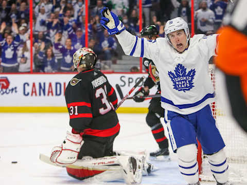 OTTAWA, ONTARIO – APRIL 16: Mitchell Marner #16 of the Toronto Maple Leafs c . (Photo by Chris Tanouye/Getty Images)