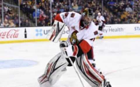 Mar 21, 2017; Boston, MA, USA; Ottawa Senators goalie Craig Anderson (41) handles the puck during the third period against the Boston Bruins at TD Garden. Mandatory Credit: Bob DeChiara-USA TODAY Sports