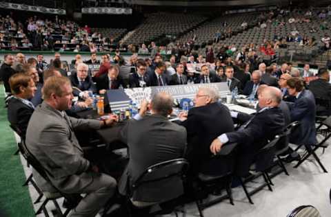 DALLAS, TX – JUNE 23: A general view of the Toronto Maple Leaf draft table is seen during the second day of the 2018 NHL Draft at American Airlines Center on June 23, 2018 in Dallas, Texas. (Photo by Brian Babineau/NHLI via Getty Images)