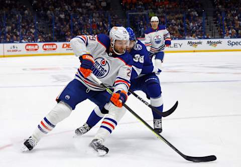 TAMPA, FLORIDA – NOVEMBER 18: Leon Draisaitl #29 of the Edmonton Oilers skates against the Tampa Bay Lightning at Amalie Arena on November 18, 2023 in Tampa, Florida. (Photo by Bruce Bennett/Getty Images)