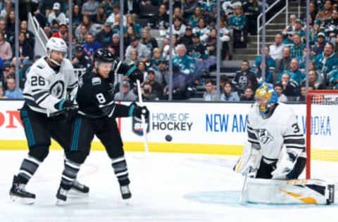 SAN JOSE, CA – JANUARY 26: San Jose Sharks forward Joe Pavelski (8) deflects a pass towards Nashville Predators goalie Pekka Rinne (35) at the NHL All-Star Game on January 26, 2019, at SAP Center in San Jose, CA (Photo by Matt Cohen/Icon Sportswire via Getty Images)