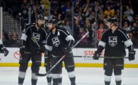 Los Angeles Kings defenseman Drew Doughty (8) celebrates his empty net goal in Kings Black (Gary A. Vasquez-USA TODAY Sports)