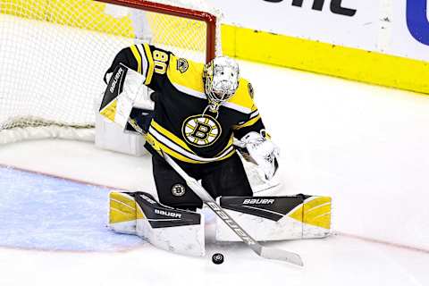 Dan Vladar #80 of the Boston Bruins. (Photo by Elsa/Getty Images)