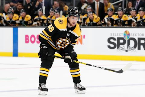 BOSTON, MA – SEPTEMBER 25: Boston Bruins left defenseman Matt Grzelcyk (48) sets up for a face off during a preseason game between the Boston Bruins and the New Jersey Devils on September 25, 2019, at TD Garden in Boston, Massachusetts. (Photo by Fred Kfoury III/Icon Sportswire via Getty Images)