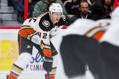 OTTAWA, ON – FEBRUARY 07: Anaheim Ducks Defenceman Josh Manson (42) prepares for a face-off during second period National Hockey League action between the Anaheim Ducks and Ottawa Senators on February 7, 2019, at Canadian Tire Centre in Ottawa, ON, Canada. (Photo by Richard A. Whittaker/Icon Sportswire via Getty Images)