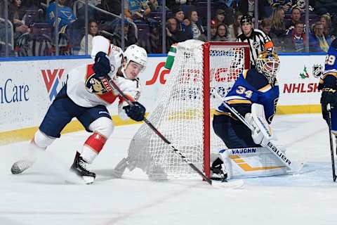 ST. LOUIS, MO – DECEMBER 11: Jake Allen #34 of the St. Louis Blues defends the net against Frank Vatrano #72 of the Florida Panthers at Enterprise Center on December 11, 2018 in St. Louis, Missouri. (Photo by Joe Puetz/NHLI via Getty Images)