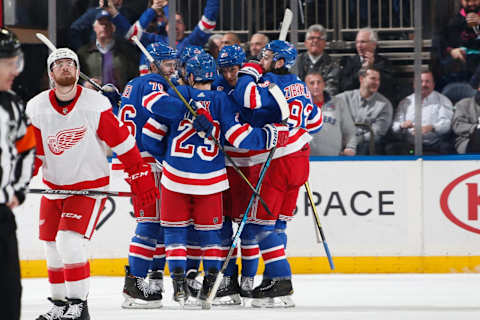 NEW YORK, NY – JANUARY 31: Chris Kreider #20 of the New York Rangers celebrates with teammates after scoring a goal in the second period against the Detroit Red Wings at Madison Square Garden on January 31, 2020 in New York City. (Photo by Jared Silber/NHLI via Getty Images)