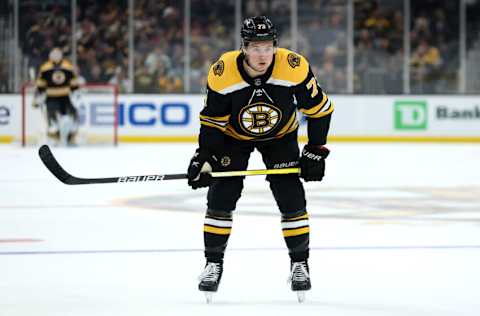 BOSTON, MASSACHUSETTS - APRIL 26: Charlie McAvoy #73 of the Boston Bruins looks on against the Florida Panthers during the first period at TD Garden on April 26, 2022 in Boston, Massachusetts. (Photo by Maddie Meyer/Getty Images)