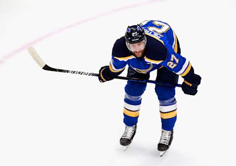 EDMONTON, ALBERTA – AUGUST 19: Alex Pietrangelo #27 of the St. Louis Blues skates in warm-ups prior to the game against the Vancouver Canucks in Game Five of the Western Conference First Round during the 2020 NHL Stanley Cup Playoffs at Rogers Place on August 19, 2020 in Edmonton, Alberta, Canada. (Photo by Jeff Vinnick/Getty Images)