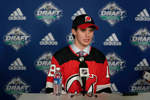 VANCOUVER, BRITISH COLUMBIA – JUNE 21: Jack Hughes speaks to the media after being selected first overall by the New Jersey Devils during the first round of the 2019 NHL Draft at Rogers Arena on June 21, 2019 in Vancouver, Canada. (Photo by Rich Lam/Getty Images)