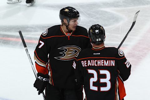 ANAHEIM, CA – MAY 17: Hampus Lindholm #47 and Francois Beauchemin #23 of the Anaheim Ducks celebrate against the Chicago Blackhawks in Game One of the Western Conference Finals during the 2015 NHL Stanley Cup Playoffs at Honda Center on May 17, 2015 in Anaheim, California. (Photo by Debora Robinson/NHLI via Getty Images)