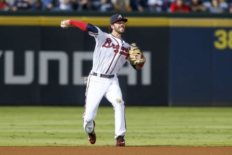 Sep 30, 2016; Atlanta, GA, USA; Atlanta Braves shortstop Dansby Swanson (2) throws a runner out at first base against the Detroit Tigers in the first inning at Turner Field. Mandatory Credit: Brett Davis-USA TODAY Sports