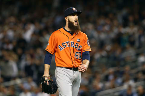 NEW YORK, NY – OCTOBER 06: Dallas Keuchel #60 of the Houston Astros celebrates after striking out the New York Yankees in the first inning during the American League Wild Card Game at Yankee Stadium on October 6, 2015 in New York City. (Photo by Elsa/Getty Images)