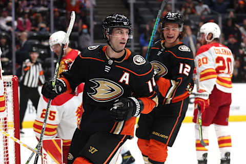 ANAHEIM, CALIFORNIA – APRIL 06: Sonny Milano #12 looks on as Adam Henrique #14   (Photo by Sean M. Haffey/Getty Images)