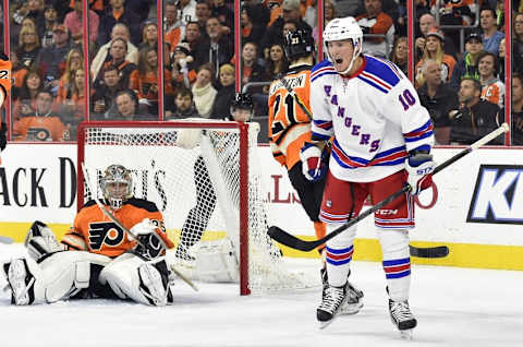 Oct 24, 2015; Philadelphia, PA, USA; New York Rangers center J.T. Miller (10) celebrates after scoring a goal during the first period against Philadelphia Flyers goalie Steve Mason (35) at Wells Fargo Center. Mandatory Credit: Derik Hamilton-USA TODAY Sports