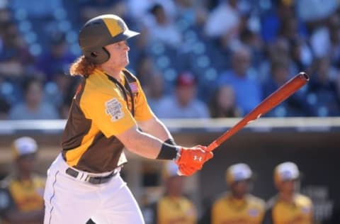 Jul 10, 2016; San Diego, CA, USA; USA outfielder Clint Frazier hits a RBI double in the third inning during the All Star Game futures baseball game at PetCo Park. Mandatory Credit: Gary A. Vasquez-USA TODAY Sports