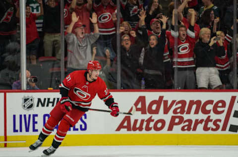 RALEIGH, NC – OCTOBER 06: Carolina Hurricane fans and Carolina Hurricanes Left Wing Andrei Svechnikov (37) react after a game winning goal in overtime during a game between the Tampa Bay Lightning and the Carolina Hurricanes at the PNC Arena in Raleigh, NC on October 6, 2019.(Photo by Greg Thompson/Icon Sportswire via Getty Images)