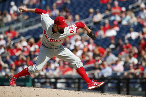 WASHINGTON, DC – AUGUST 23: Pat Neshek #93 of the Philadelphia Phillies pitches in the ninth inning against the Washington Nationals at Nationals Park on August 23, 2018 in Washington, DC. (Photo by Patrick McDermott/Getty Images)