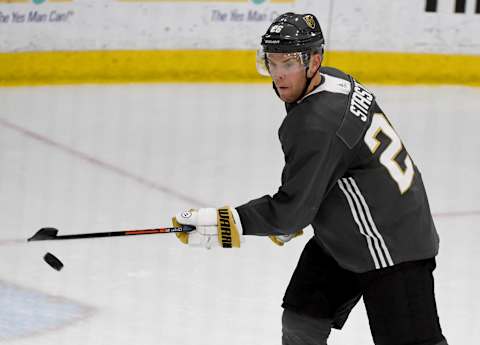 Paul Stastny #26 of the Vegas Golden Knights tries to tip the puck during a training camp practice. (Photo by Ethan Miller/Getty Images)