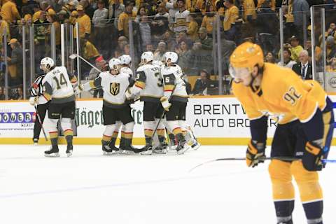 NASHVILLE, TN – NOVEMBER 27: Nashville Predators center Ryan Johansen (92) leaves the ice as the Vegas Golden Knights celebrate their overtime win during the NHL game between the Nashville Predators and Vegas Golden Knights, held on November 27, 2019, at Bridgestone Arena in Nashville, Tennessee. (Photo by Danny Murphy/Icon Sportswire via Getty Images)