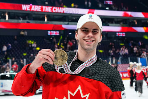 TAMPERE, FINLAND – MAY 28: Adam Fantilli of Canada with gold medal during the 2023 IIHF Ice Hockey World Championship Finland – Latvia game between Canada and Germany at Nokia Arena on May 28, 2023 in Tampere, Finland. (Photo by Jari Pestelacci/Eurasia Sport Images/Getty Images)