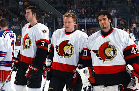 Zdeno Chara, Marian Hossa and Patrick Lalime of the Ottawa Senators (Photo by Dave Sandford/Getty Images/NHLI)