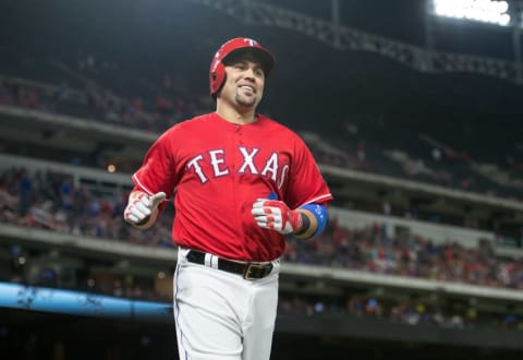 Aug 12, 2016; Arlington, TX, USA; Texas Rangers designated hitter Carlos Beltran (36) celebrates hitting a home run against the Detroit Tigers during the fifth inning at Globe Life Park in Arlington. Mandatory Credit: Jerome Miron-USA TODAY Sports. MLB.