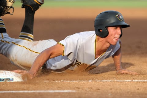 TAMPA, FL – JULY 15: Cole Tucker (3) of the Marauders dives back into first base during the Florida State League game between the Bradenton Marauders and the Dunedin Blue Jays on July 15, 2017, at Florida Auto Exchange Stadium in Dunedin, FL. (Photo by Cliff Welch/Icon Sportswire via Getty Images)