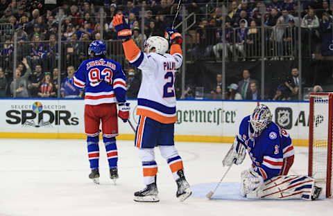 New York Islanders right wing Kyle Palmieri (21) celebrates his go ahead goal against the New York Rangers Credit: Danny Wild-USA TODAY Sports