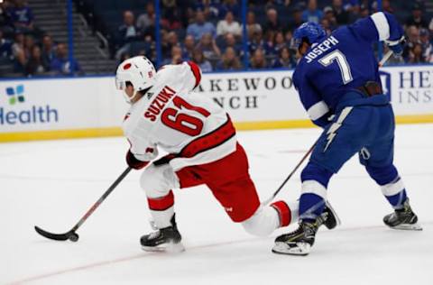 TAMPA, FL – SEPTEMBER 17: Carolina Hurricanes center Ryan Suzuki * (Photo by Mark LoMoglio/Icon Sportswire via Getty Images)