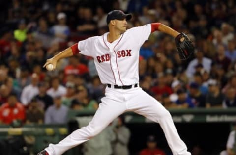 Sep 14, 2016; Boston, MA, USA; Boston Red Sox starting pitcher Rick Porcello (22) delivers against the Baltimore Orioles during the eighth inning at Fenway Park. Mandatory Credit: Winslow Townson-USA TODAY Sports