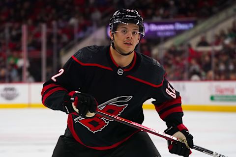 Feb 25, 2022; Raleigh, North Carolina, USA; Jesperi Kotkaniemi Mandatory Credit: James Guillory-USA TODAY Sports