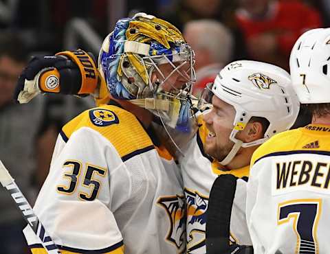 CHICAGO, ILLINOIS – JANUARY 09: Pekka Rinne #35 of the Nashville Predators celebrates (Photo by Jonathan Daniel/Getty Images)