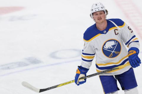 Feb 18, 2021; Washington, District of Columbia, USA; Buffalo Sabres center Jack Eichel (9) skates during warmups prior to the Sabres’ game against the Washington Capitals at Capital One Arena. Mandatory Credit: Geoff Burke-USA TODAY Sports