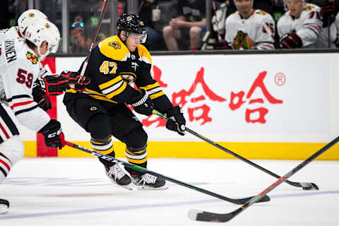 BOSTON – SEPTEMBER 28: Boston Bruins defenseman Torey Krug (47) handles the puck during the third period. The Boston Bruins host the Chicago Blackhawks in their final pre-season NHL hockey game at TD Garden in Boston on Sep. 28, 2019. (Photo by Nic Antaya for The Boston Globe via Getty Images)